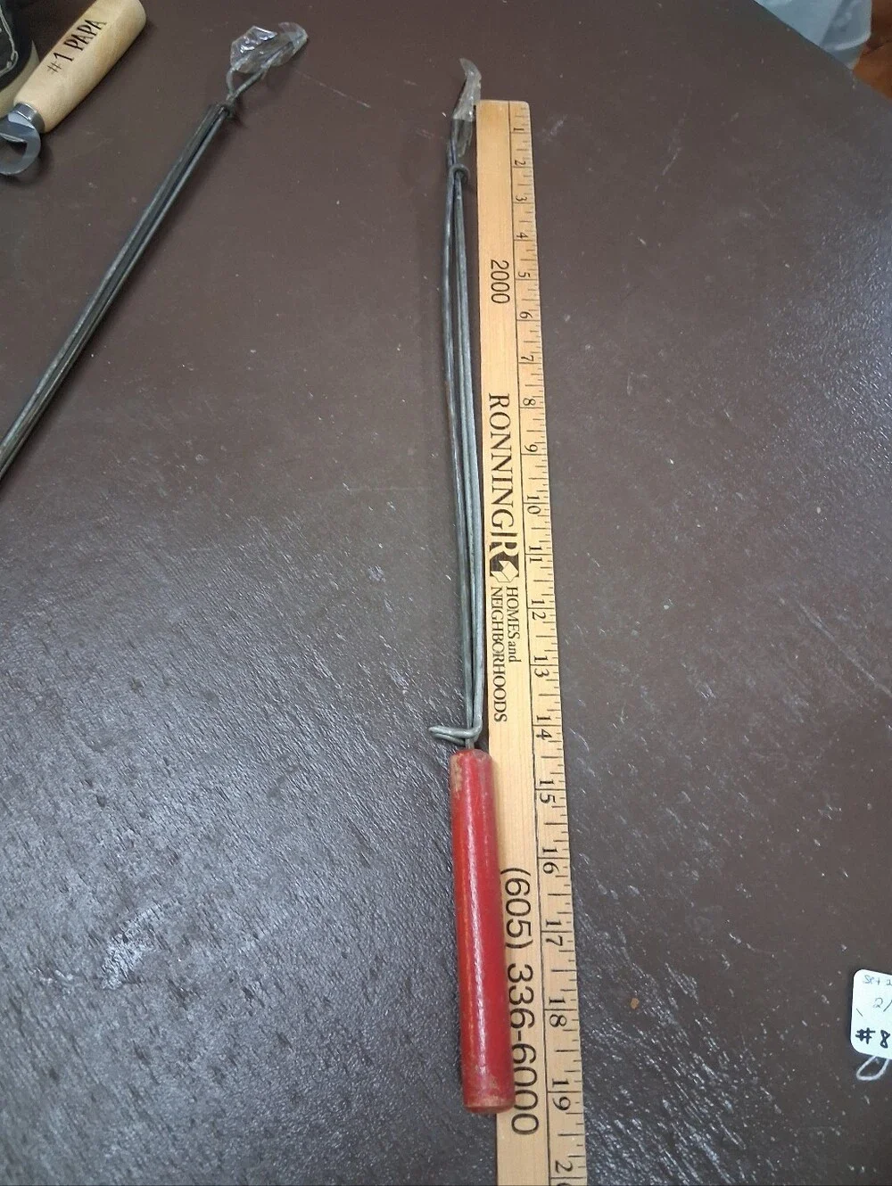 Pair of 2 Vintage metal Red Adjustable Hot Dog Skewer Fork Campfire Wood Handles